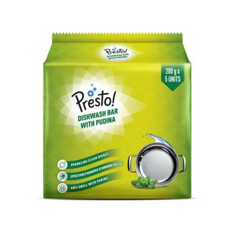 Amazon Brand - Presto! Dishwash Bar - Pudina | 200g | 5 Bars Each — 64% off on Amazon.in