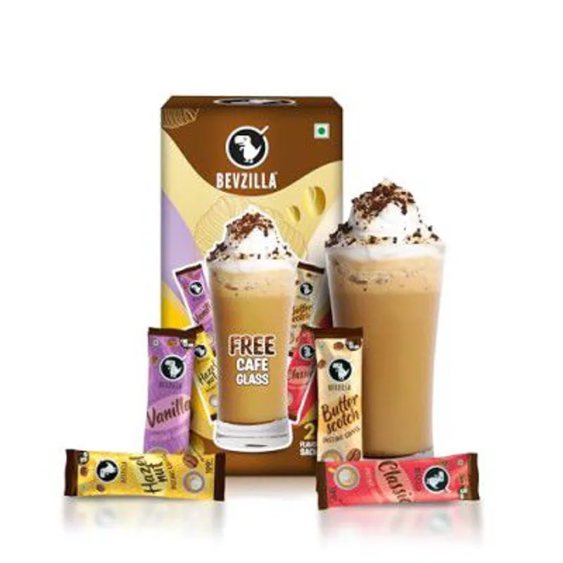 Bevzilla Premium Glass & 24 Flavoured Coffee Sachets Box | Makes 24 Cups Of Coffee — 74% off on Amazon.in