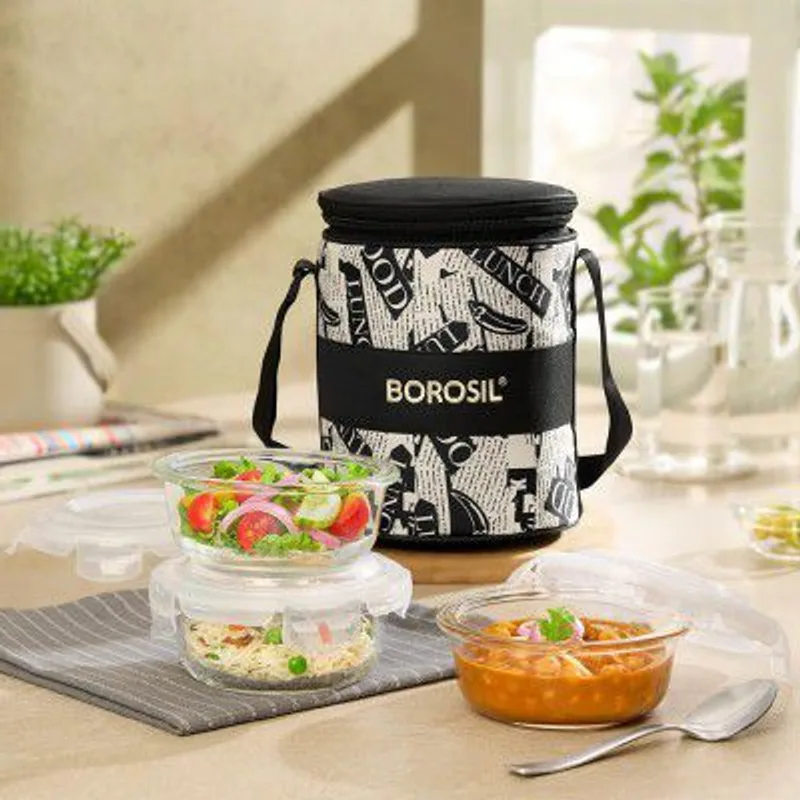 Borosil Nostalgia Borosilicate Glass Lunchbox with Bag | 3 pc Round Container Set (320 ml Each) — 67% off on Amazon.in