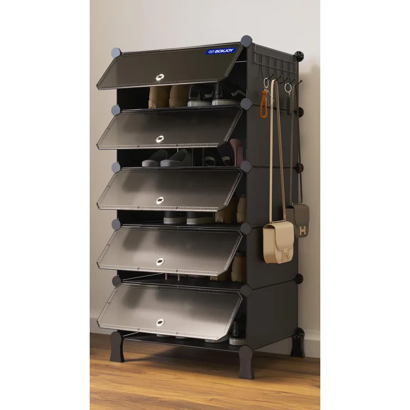 BOXJOY 5 Shelf Shoe Rack with 5 Doors, Magnets, 5 Hook Steel Holder & Wooden Hammer — 36% off on Amazon.in