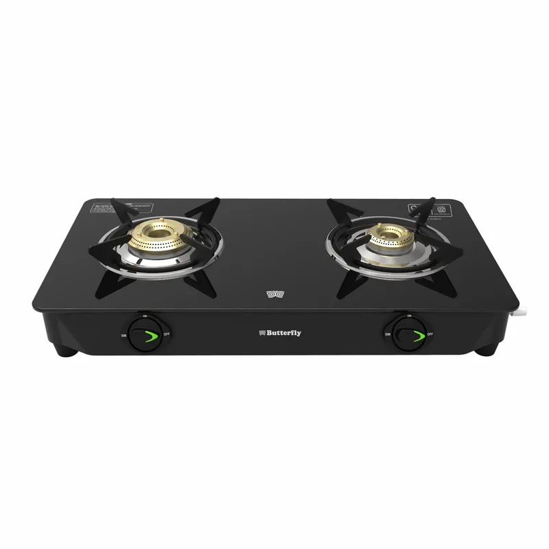Butterfly Bleu Ray 2 Burner Glass Top Gas Stove | Removable Drip Tray | Brass Burner Gas Stove — 82% off on Amazon.in