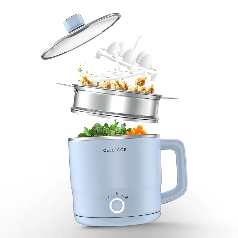 Cellecor Stainless Steel Multi-Cook Kettle CMK18 Home Chef With Steamer, Egg Tray, Rust Free Body, 600W Powerful Output, Multi Cook Electric Kettle (1.8 L, Light Blue) — 65% off on Amazon.in