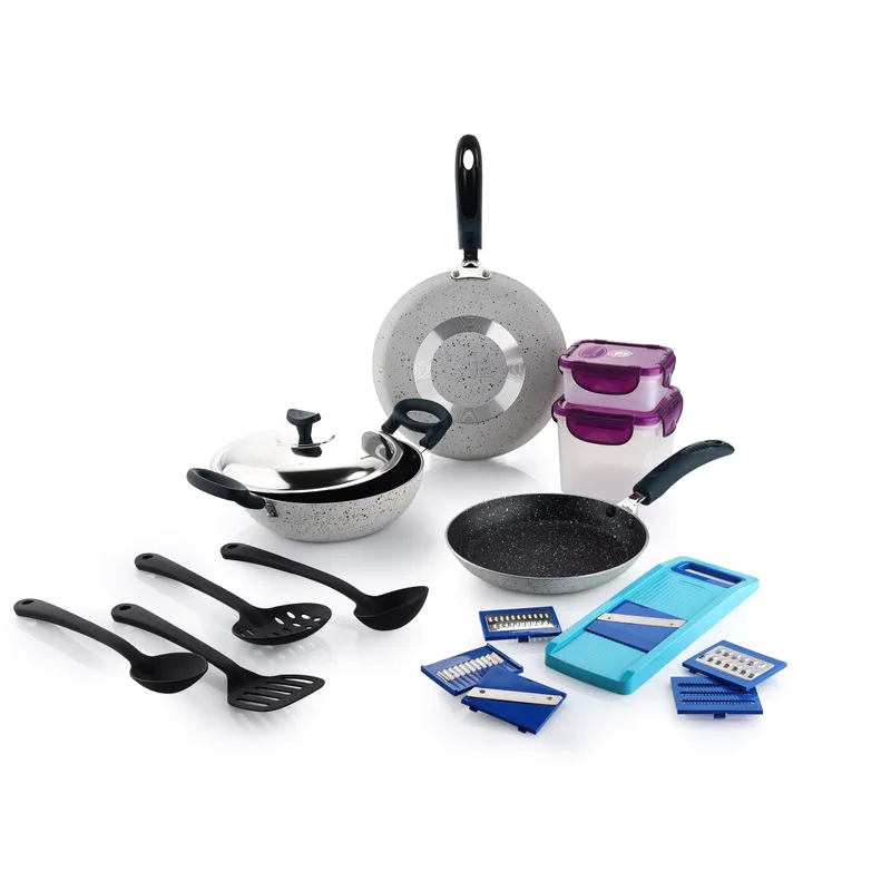 Crystal 11 Pcs Non Stick Cookware Set with Storage Containers | Gas Stove Friendly | Tawa, Fry Pan, Kadhai with Lid, 4 Serving Spoons, 2 Containers & Grater Set — 65% off on Amazon.in