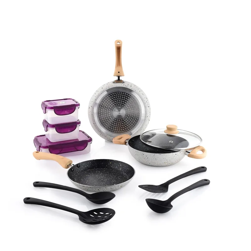 Crystal Aluminum 11 Pcs Non Stick Cookware Set with Induction Bottom | Tawa, Fry Pan, Kadhai with Lid, 4 Serving Spoons, 3 Containers | 4 Layer Non Stick Coating | PFOA Free | White — 78% off on Amazon.in