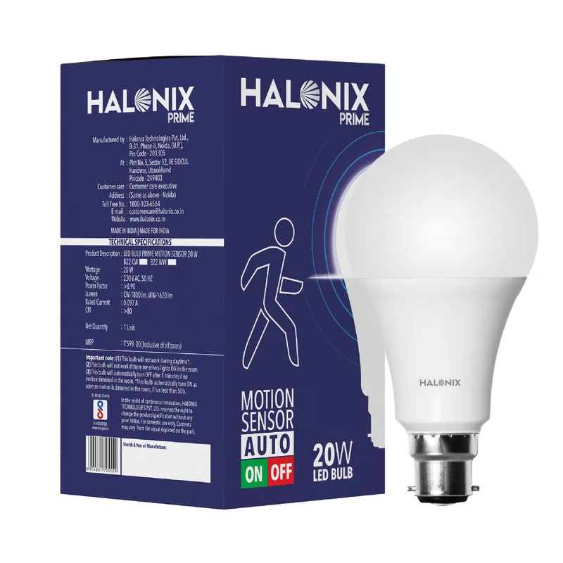 Halonix 20W Motion Sensor Led bulb | Color-6500K White | Pack of 1 | Base-B22 — 63% off on Amazon.in