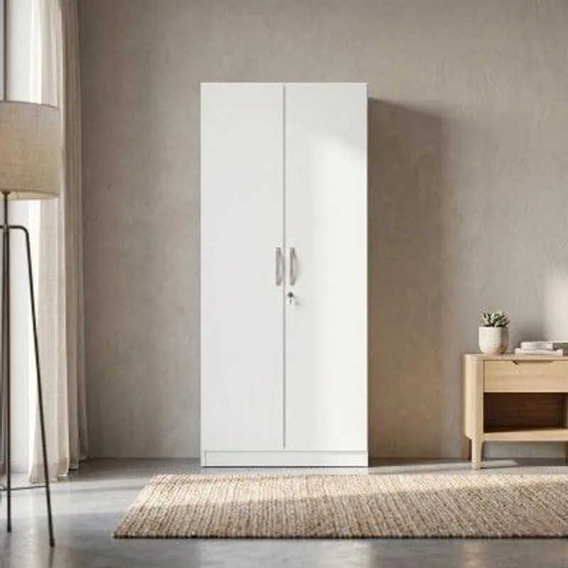 Hometown Willy Plus Engineered Wood Two Door Wardrobe for Bedroom, Hanging Space, Shelves & Lockable Drawer | White Colour — 78% off on Amazon.in
