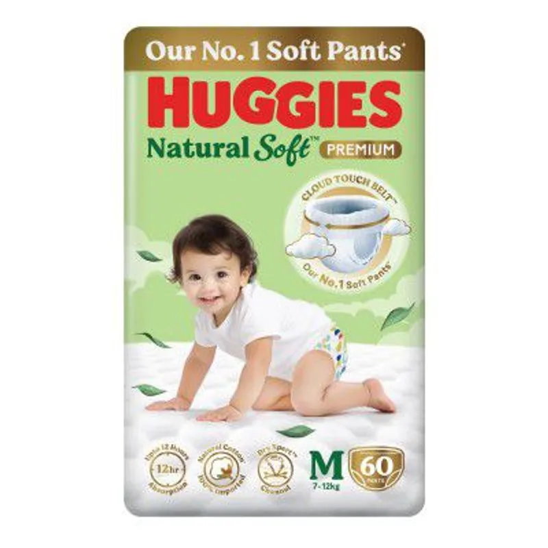 Huggies Natural Soft Premium Baby Diaper Pants, Our No.1 Soft Pants, Medium (M) Size (7-12 Kgs), Pack of 60 diapers  — 53% off on Amazon.in
