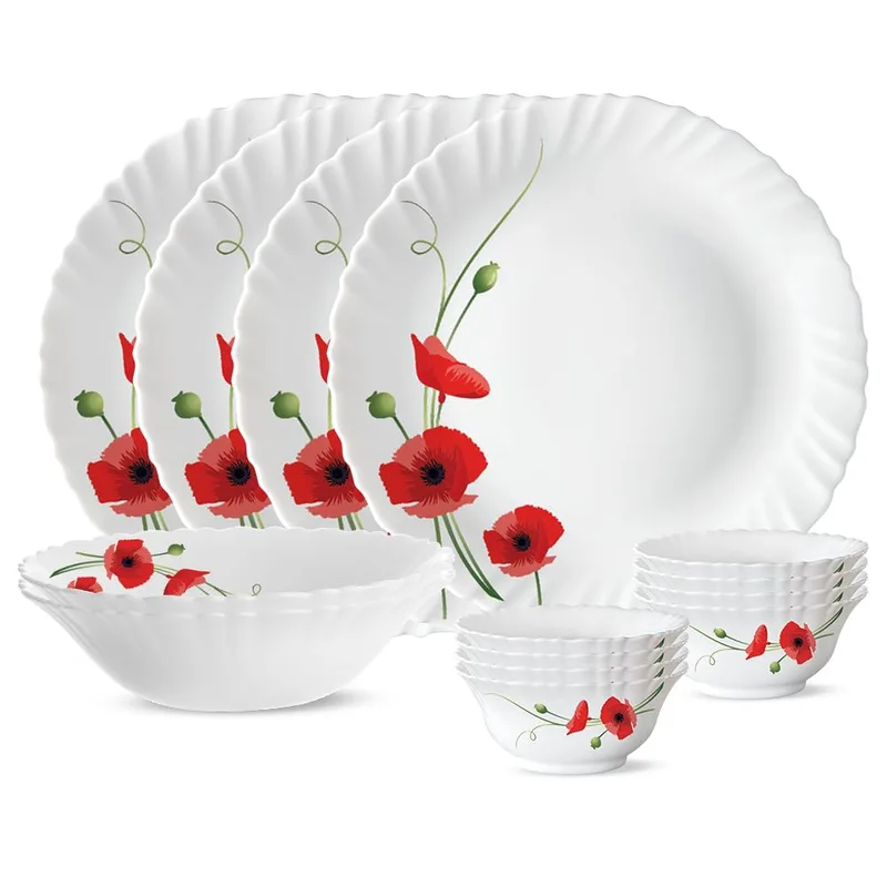 Larah by BOROSIL Red Carnation Opalware Dinner Set, (14-Pieces, White) — 62% off on Amazon.in