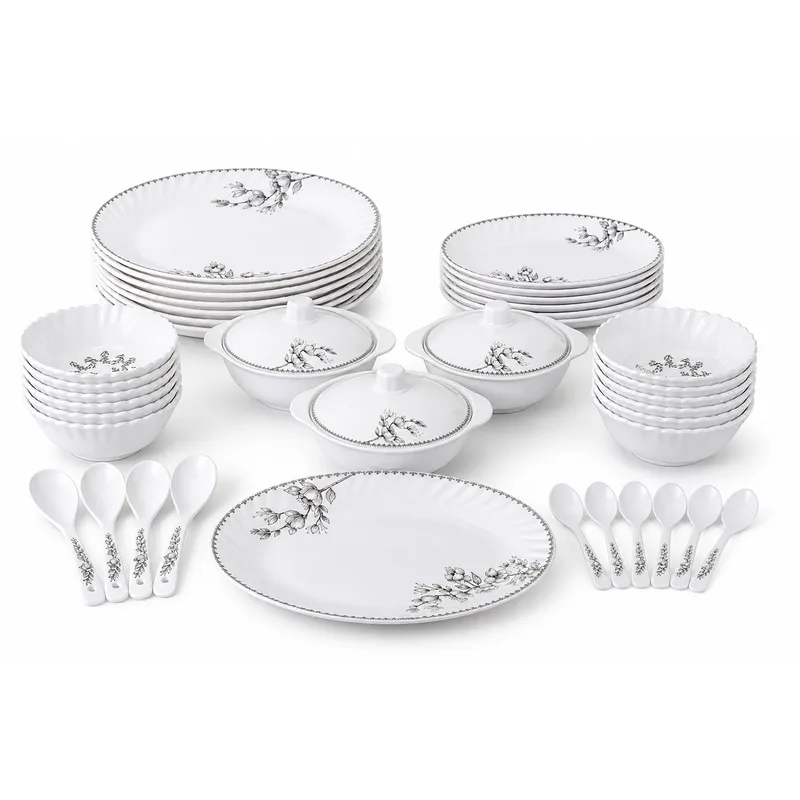 Melvio By Malti 18 Pcs Dinner Set for Dining & Serving | Premium Melamine Crockery Set with Dinner Plates, Quarter Plates, Bowls, Serving Bowl, Lid & Spoons | Microwave & Dishwasher Safe — 76% off on Amazon.in
