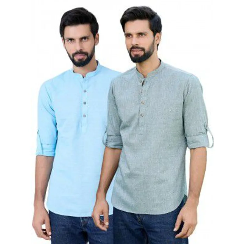 See Designs Men's Roll-Up Sleeve Mandarin Collar Cotton Solid Short Kurta (Pack of 2) - Festive Collection — 86% off on Amazon.in