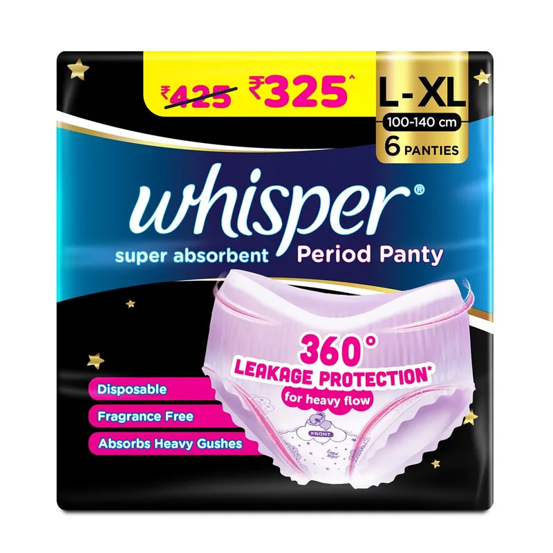 Whisper Super Absorbent Period Panty, 6 L-XL Pants — 53% off on Amazon.in