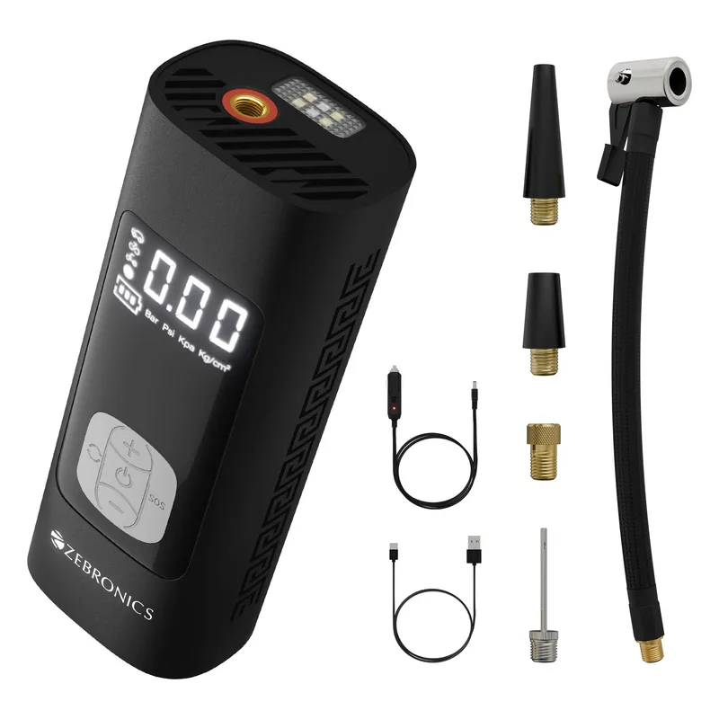 ZEBRONICS 19TI6, Tyre Inflator, 150 PSI, 6000mAh, Super Fast Inflation, Power Bank Function, Type-C, Included 12V Car Adapter — 80% off on Amazon.in