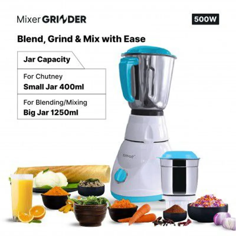 ZunVolt 2 JAR Mixer Grinder -500W with Flow Breaker Jars, 22000 RPM Motor (White, Turquoise) — 65% off on Amazon.in